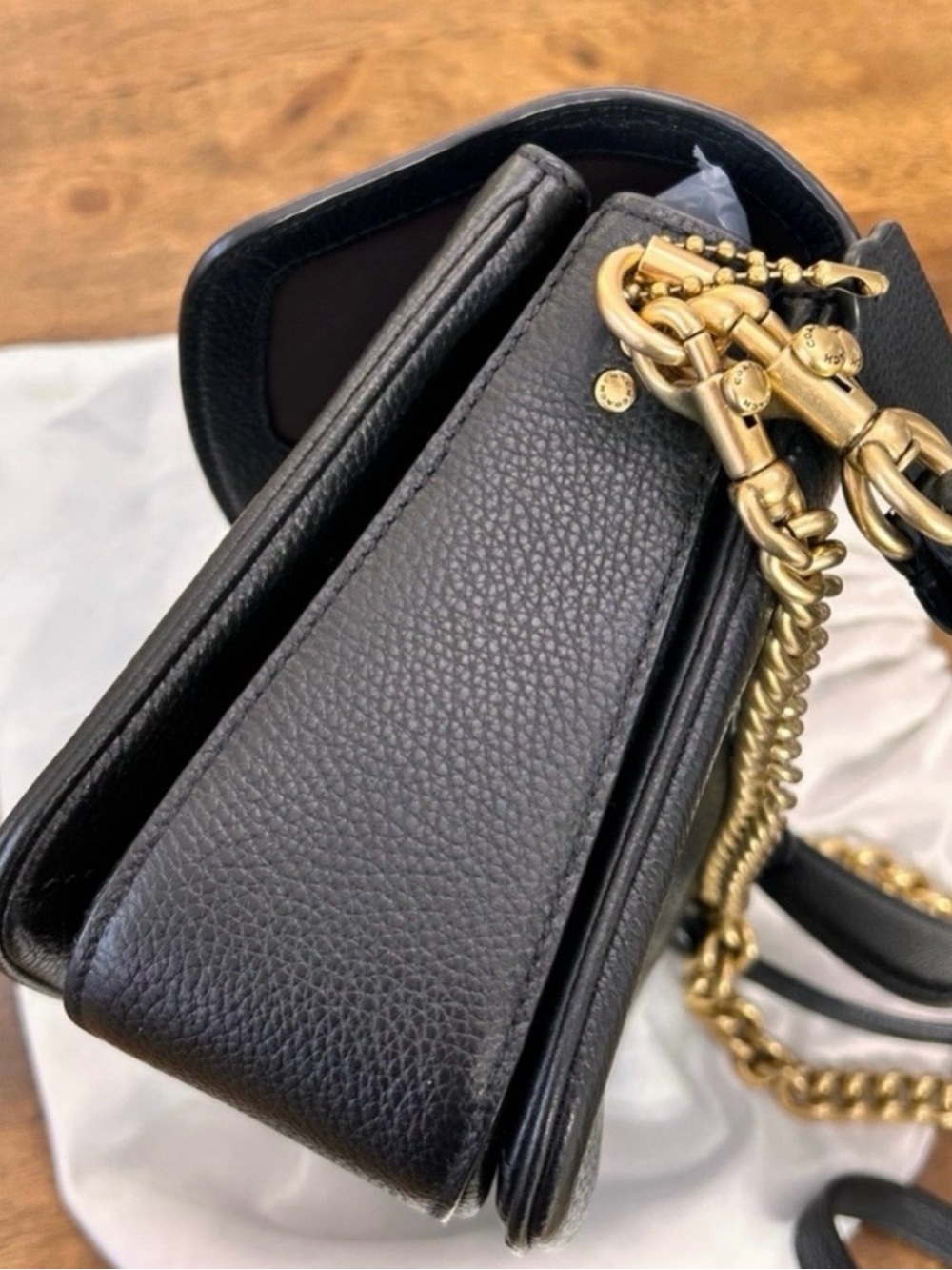 Coach Black Pebbled Leather Crossbody with Gold Turnlock and Chain - Picture 6 of 8
